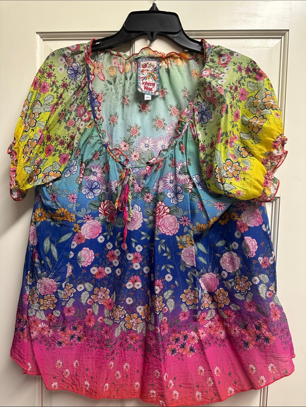 Johnny Was Multicolor Floral Puff-Sleeve Tie-Front Blouse